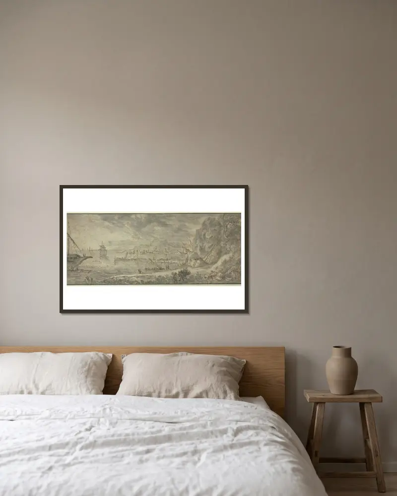 Pejzaż morski, duża skała po prawej, w głębi miasto, na pierwszym planie poganiacz mułów, Claude Lorrain w ramie na ścianie