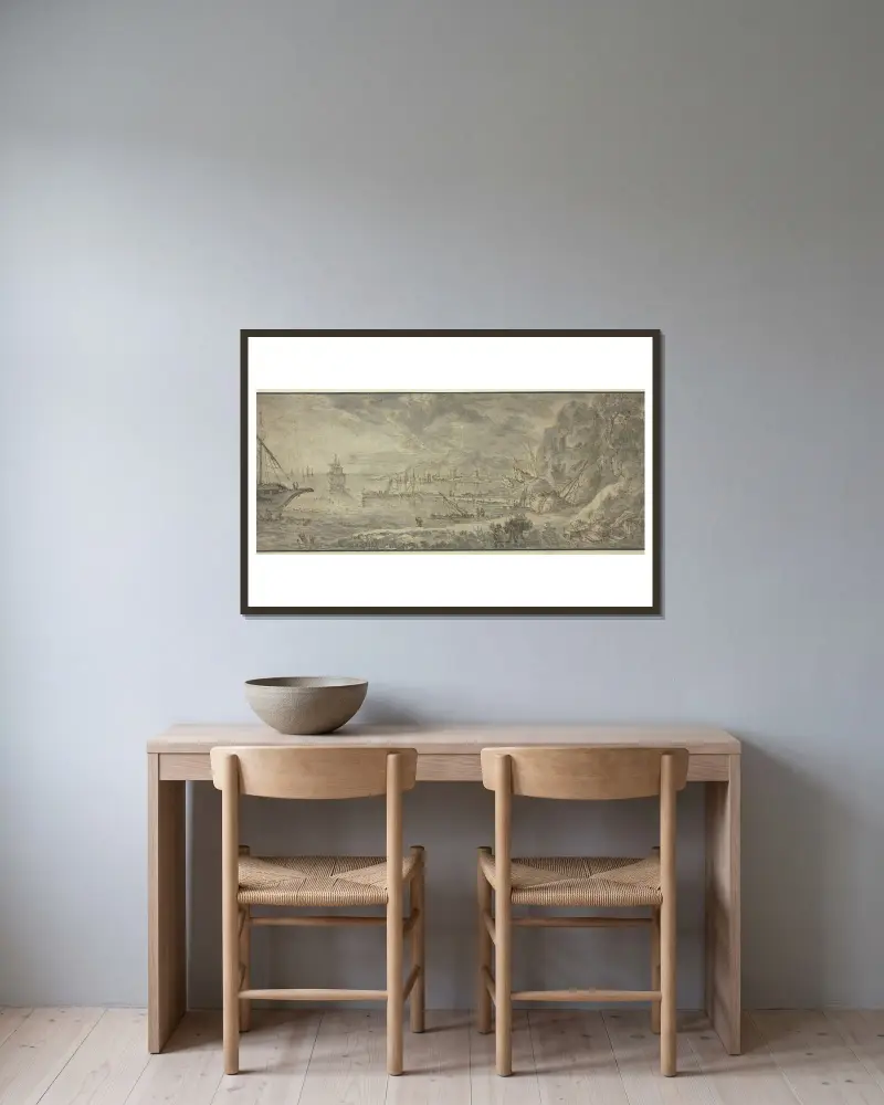 Pejzaż morski, duża skała po prawej, w głębi miasto, na pierwszym planie poganiacz mułów, Claude Lorrain w ramie na ścianie