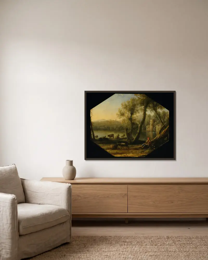 Pastoral landscape (from 1636 until 1637), 1636 av Claude Lorrain inramad på en vägg