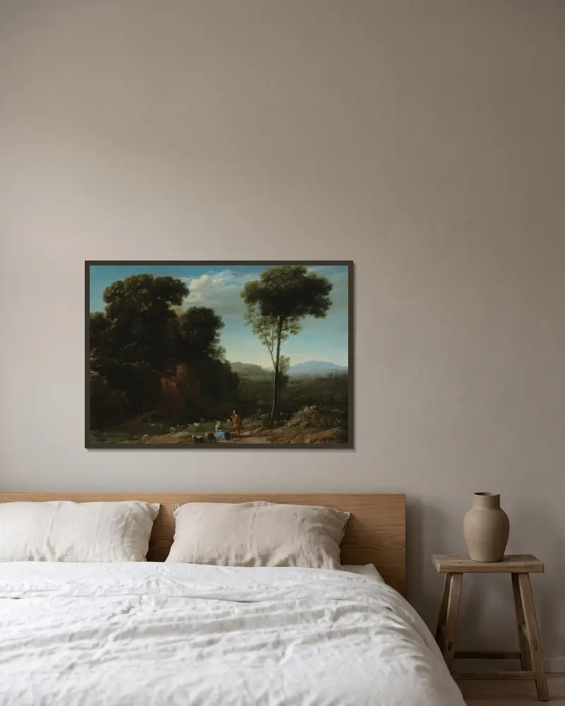 Pastoral Landscape with a Mill av Claude Lorrain inramad på en vägg