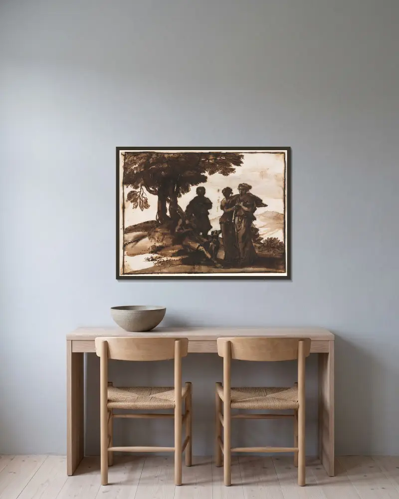 Pastoral Scene with Classical Figures av Claude Lorrain inramad på en vägg
