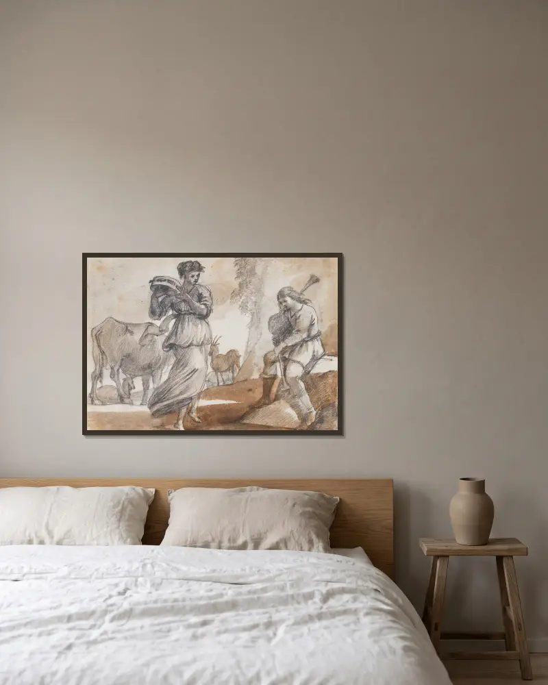 Dansös med tamburin och säckpipespelare av Claude Lorrain inramad på en vägg