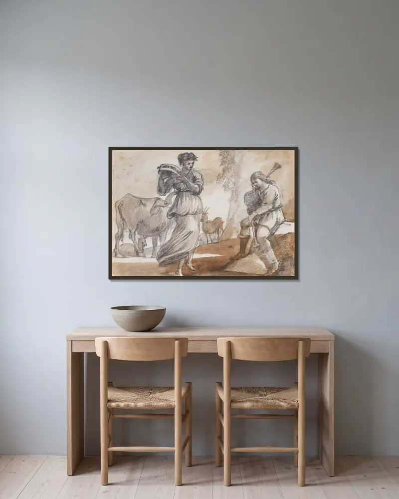Dansös med tamburin och säckpipespelare av Claude Lorrain inramad på en vägg