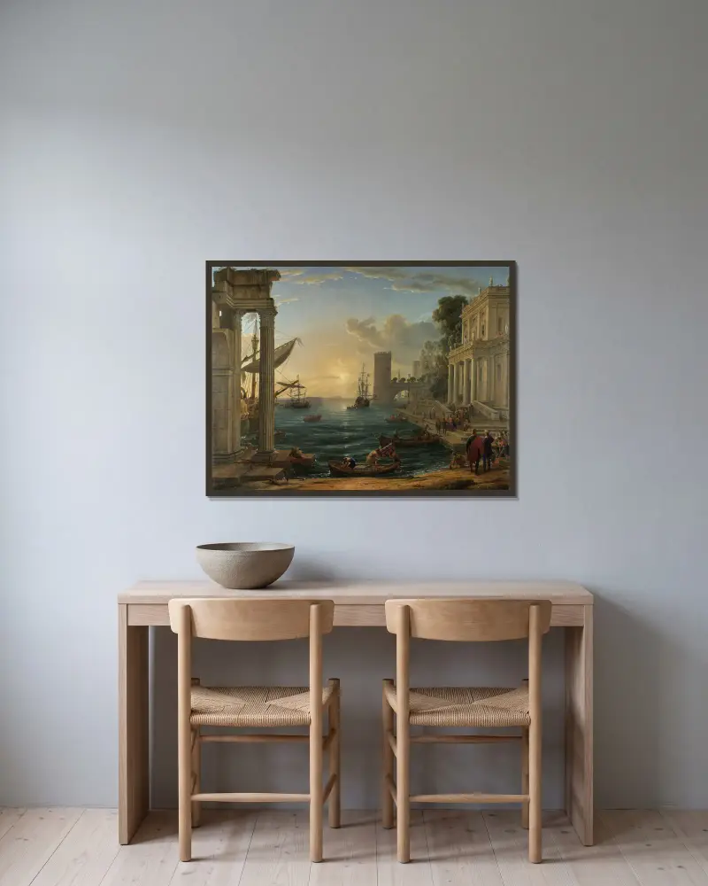 Die Einschiffung der Königin von Saba von Claude Lorrain gerahmt an einer Wand