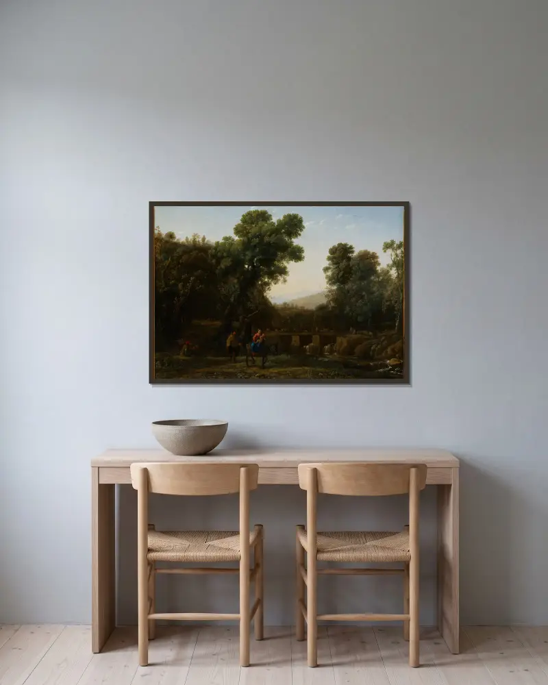 The Flight into Egypt av Claude Lorrain inramad på en vägg