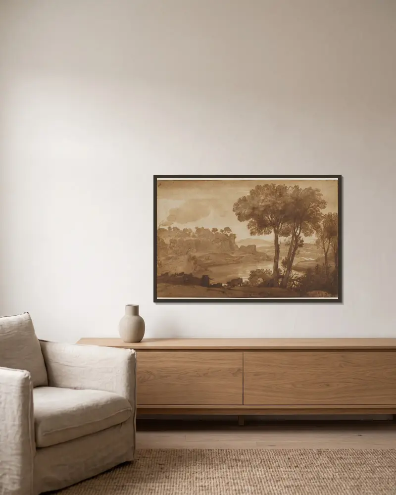 Vy över Acqua Acetosa av Claude Lorrain inramad på en vägg