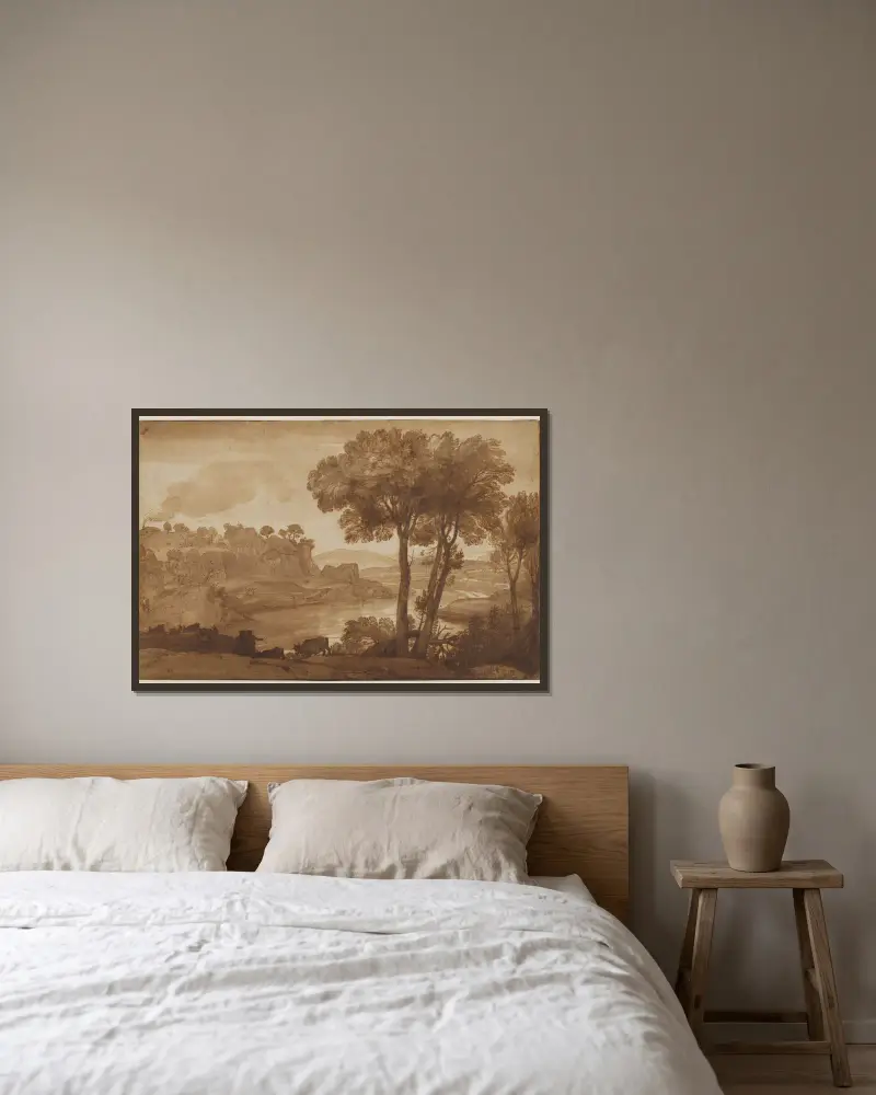 Vy över Acqua Acetosa av Claude Lorrain inramad på en vägg