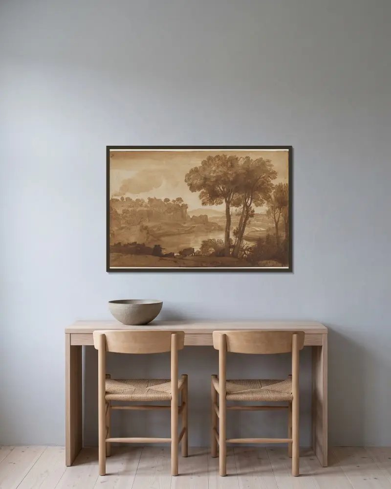 Vy över Acqua Acetosa av Claude Lorrain inramad på en vägg
