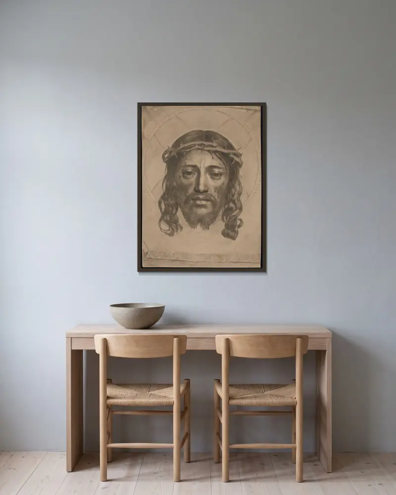 Das Schweißtuch der Veronika von Claude Mellan gerahmt an einer Wand