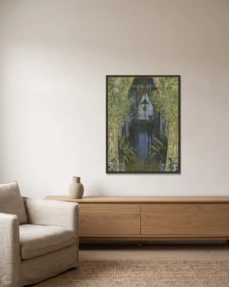 En hörna av lägenheten av Claude Monet inramad på en vägg