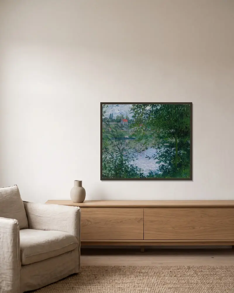 À Travers Les Arbres, Île De La Grande Jatte av Claude Monet inramad på en vägg