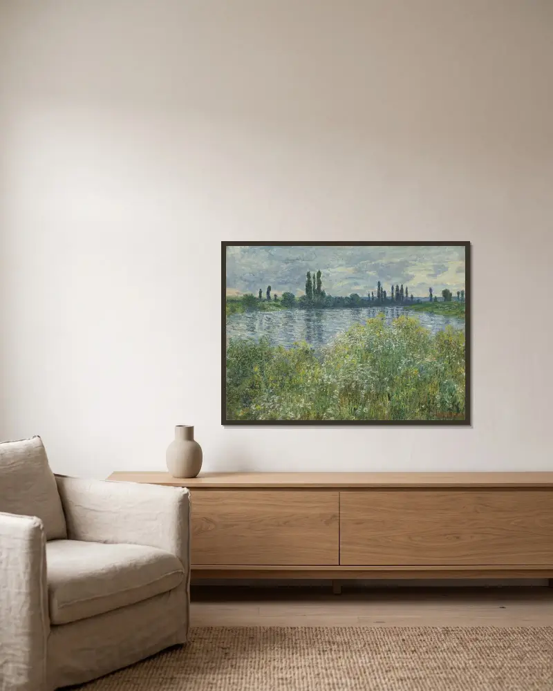 Seines strand vid Vétheuil av Claude Monet inramad på en vägg