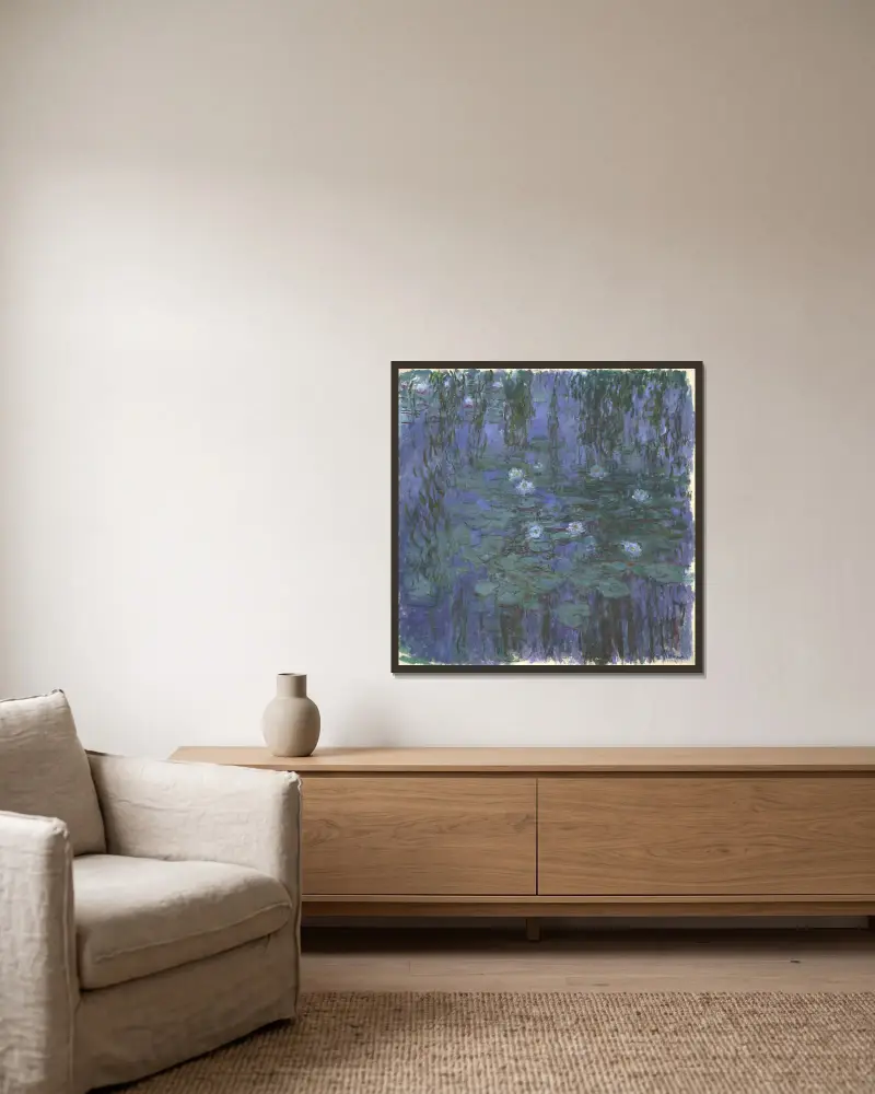 Blue Water Lilies av Claude Monet inramad på en vägg