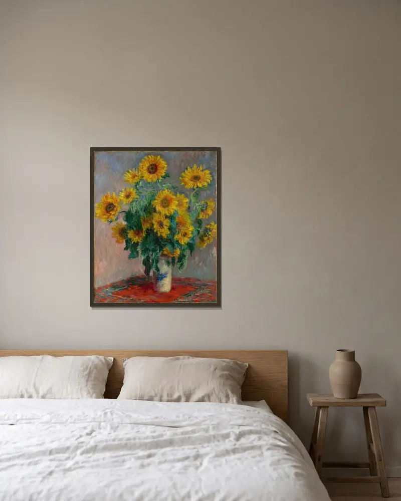 Bouquet of Sunflowers av Claude Monet inramad på en vägg