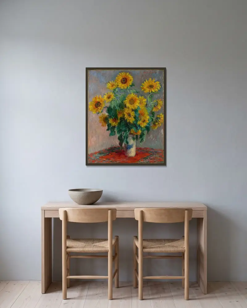 Bouquet of Sunflowers av Claude Monet inramad på en vägg