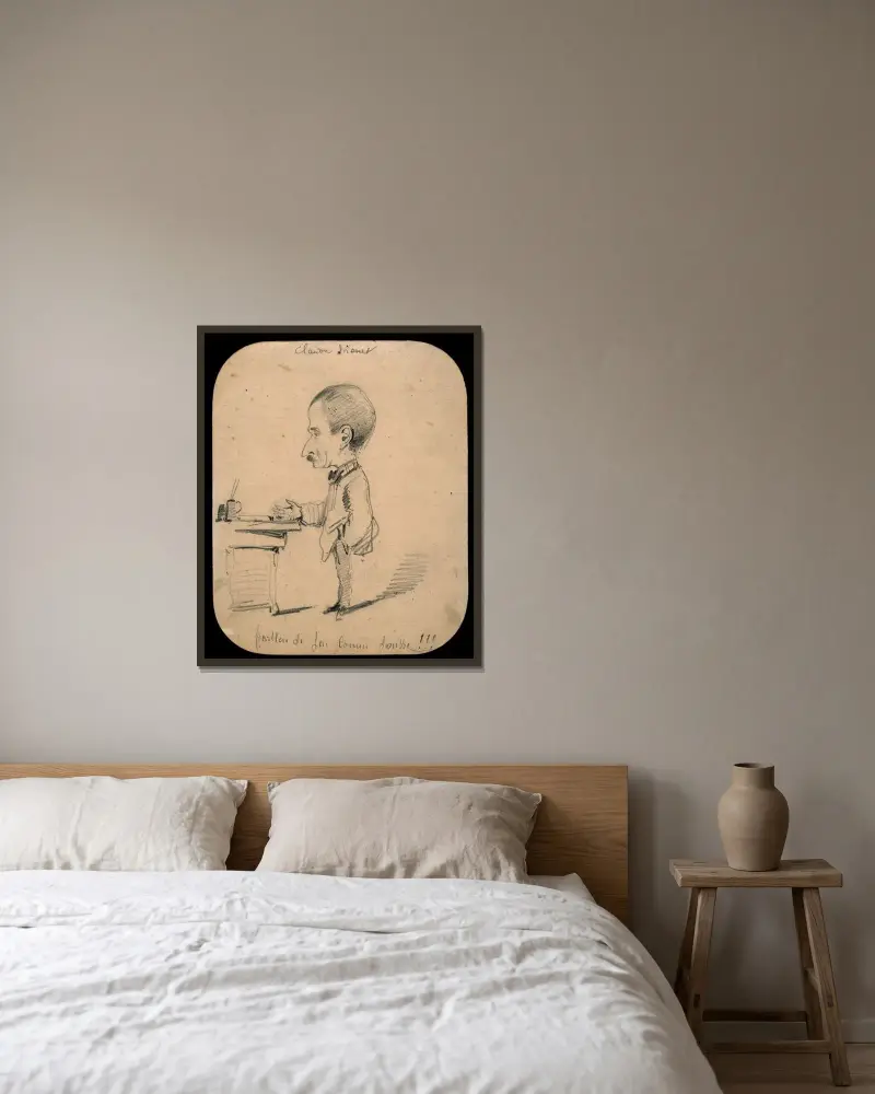 Karikatyr av en man som står vid ett skrivbord av Claude Monet inramad på en vägg