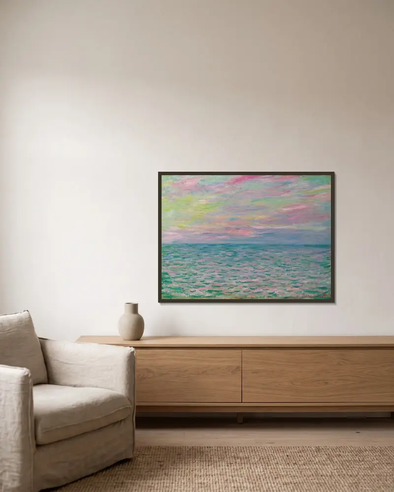 Solnedgång vid Pourville, öppet hav av Claude Monet inramad på en vägg