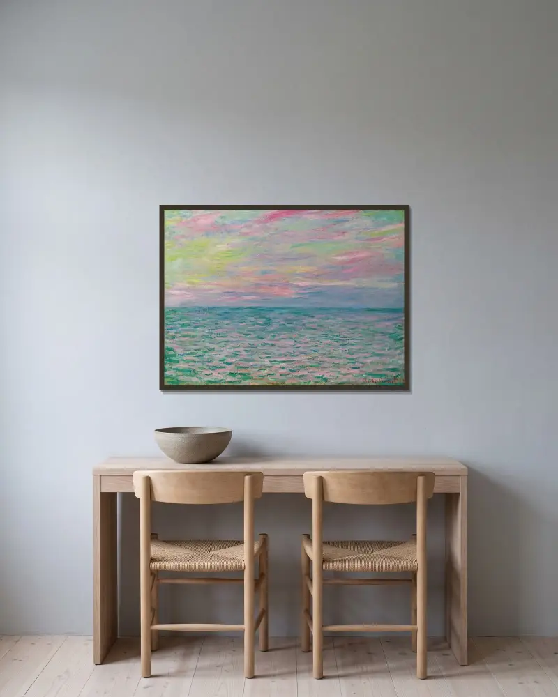 Solnedgång vid Pourville, öppet hav av Claude Monet inramad på en vägg
