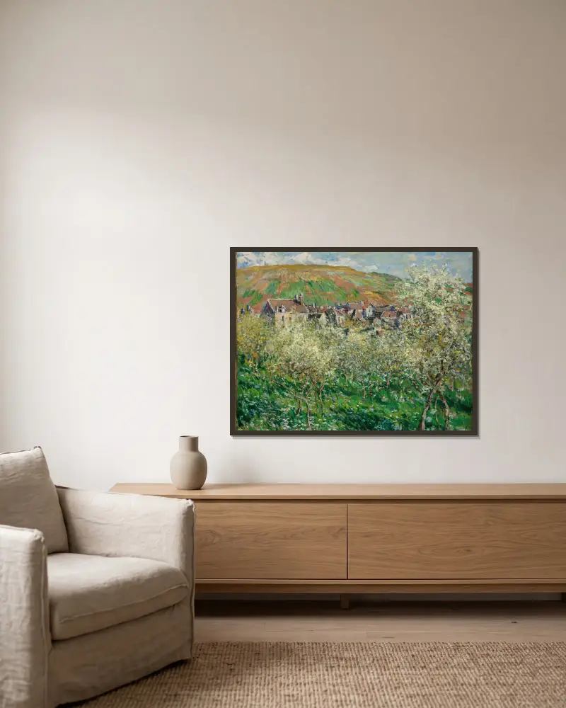 Flowering Plum Trees av Claude Monet inramad på en vägg