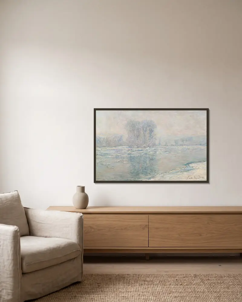 Glaçons, Effet Blanc av Claude Monet inramad på en vägg