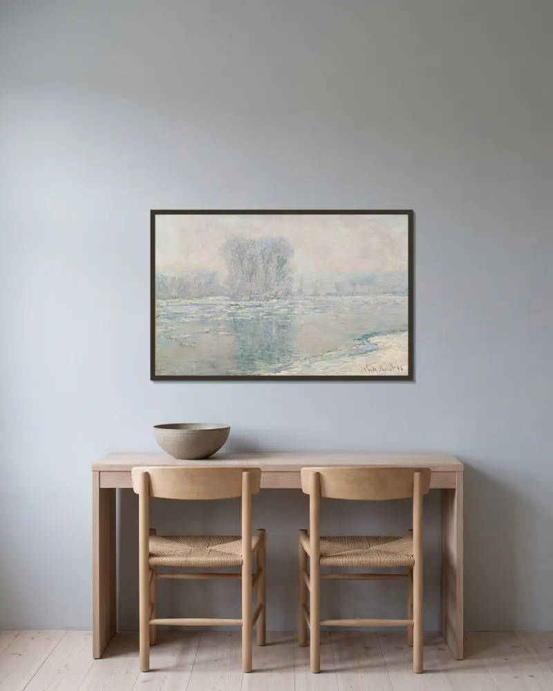 Glaçons, Effet Blanc av Claude Monet inramad på en vägg