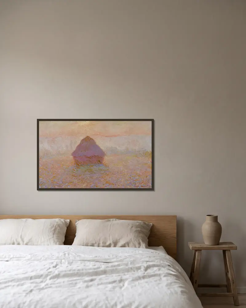 Getreideschober – Sonne im Nebel von Claude Monet gerahmt an einer Wand
