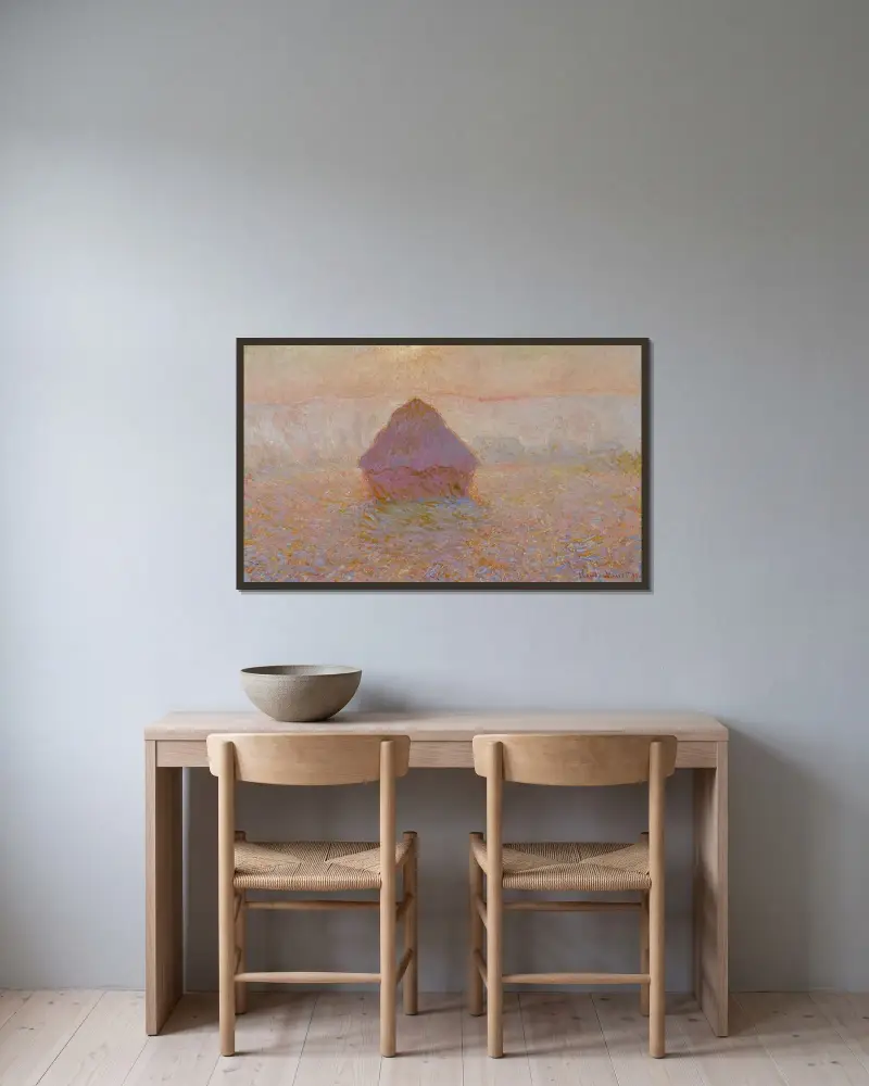 Getreideschober – Sonne im Nebel von Claude Monet gerahmt an einer Wand