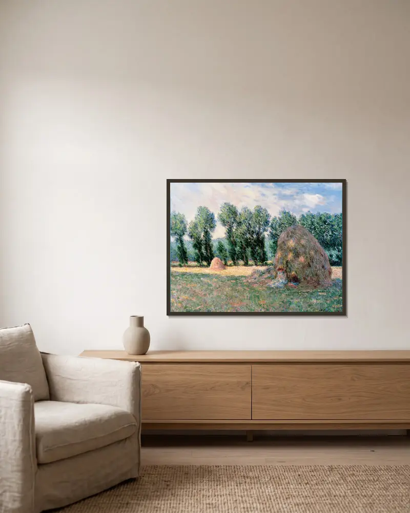 Haystacks, 1885 av Claude Monet inramad på en vägg