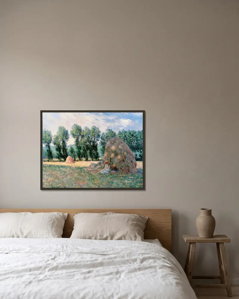 Haystacks, 1885 av Claude Monet inramad på en vägg