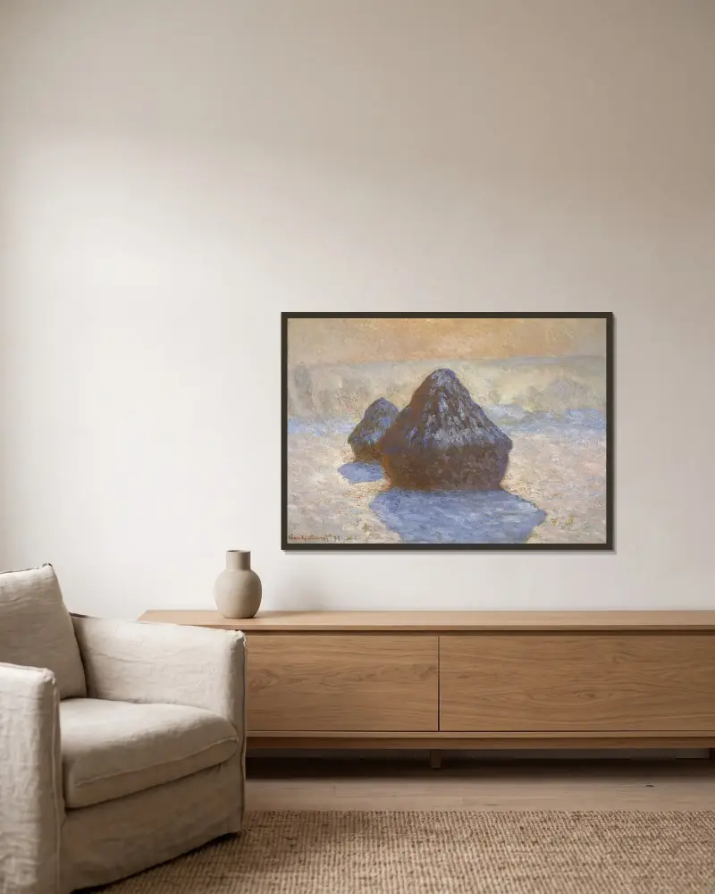 Haystacks- Snow Effect av Claude Monet inramad på en vägg