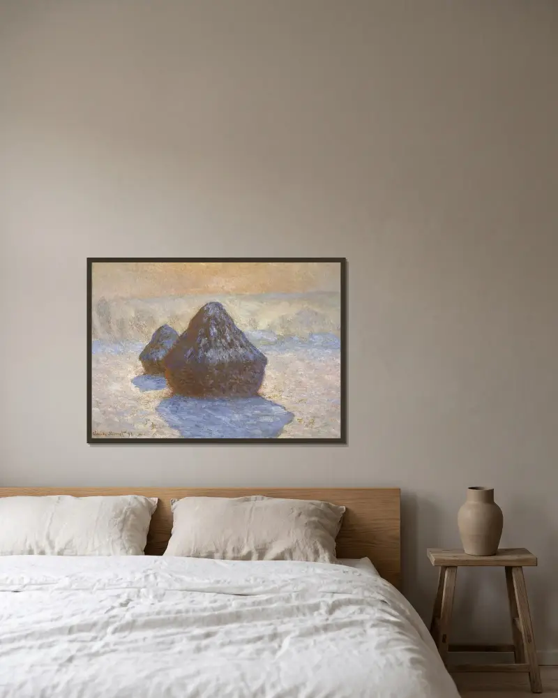 Haystacks- Snow Effect av Claude Monet inramad på en vägg