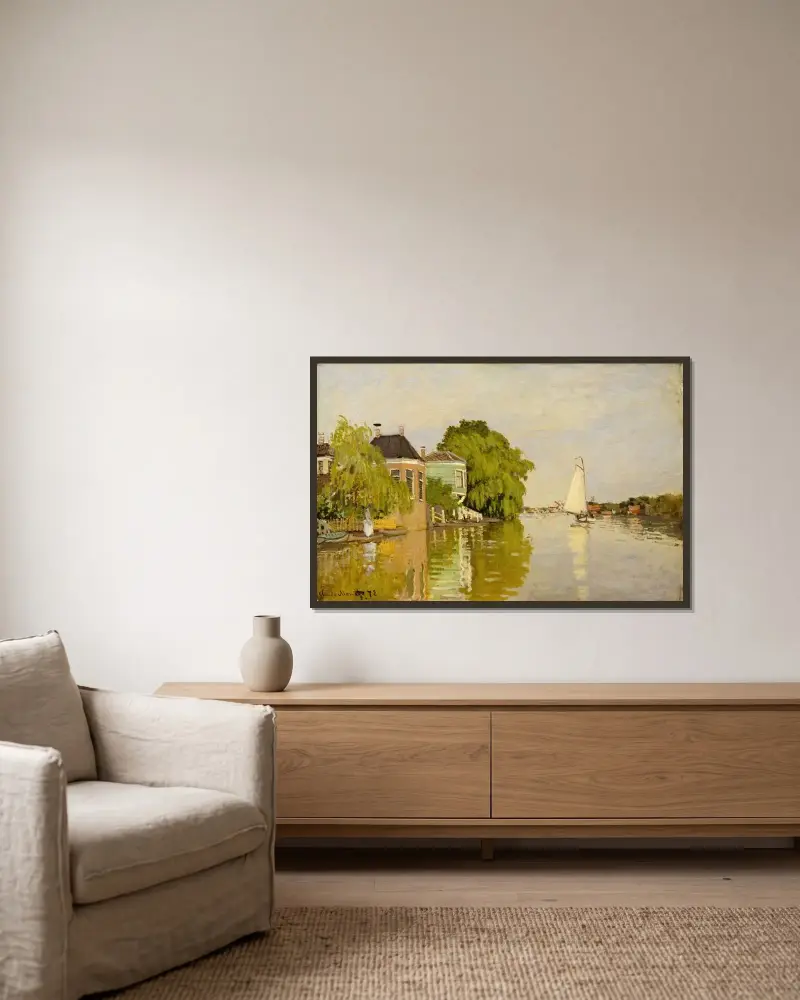 Hus vid floden Zaan av Claude Monet inramad på en vägg
