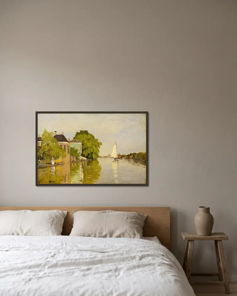 Hus vid floden Zaan av Claude Monet inramad på en vägg