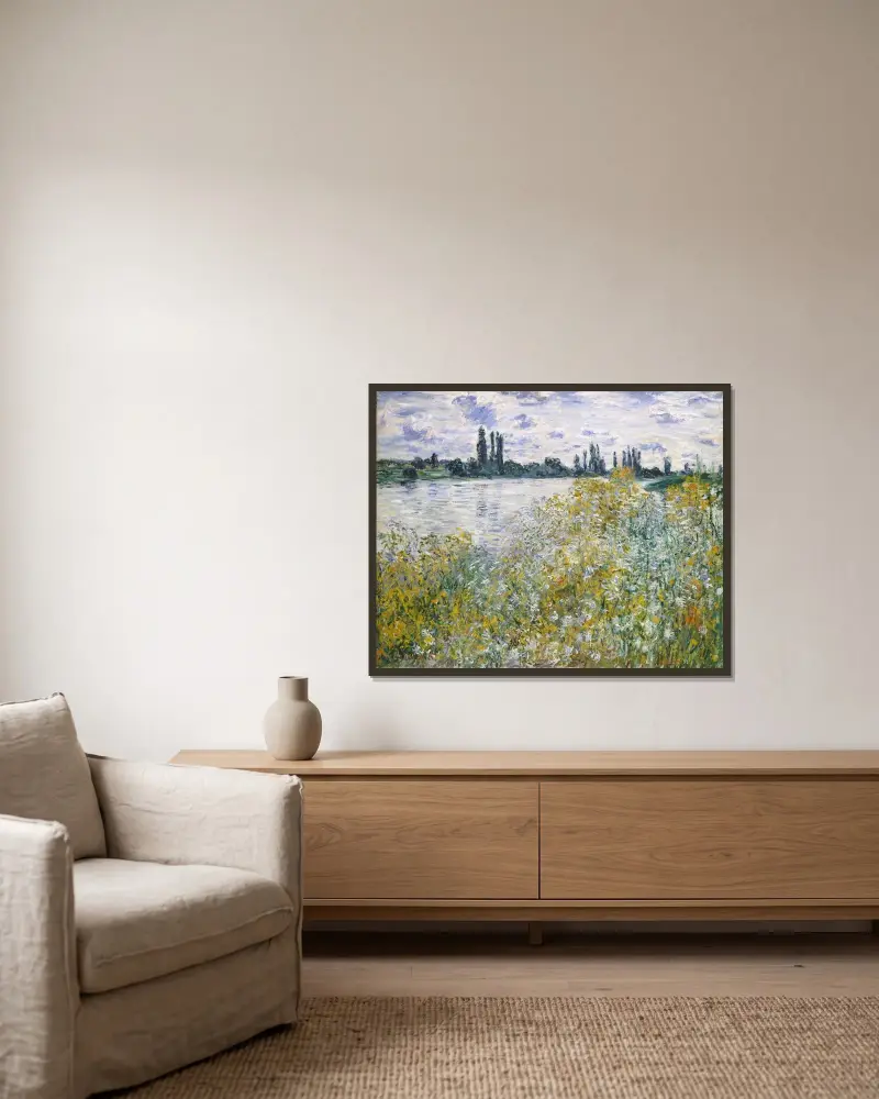Blomsterön nära Vétheuil av Claude Monet inramad på en vägg