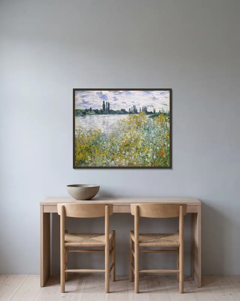 Blomsterön nära Vétheuil av Claude Monet inramad på en vägg