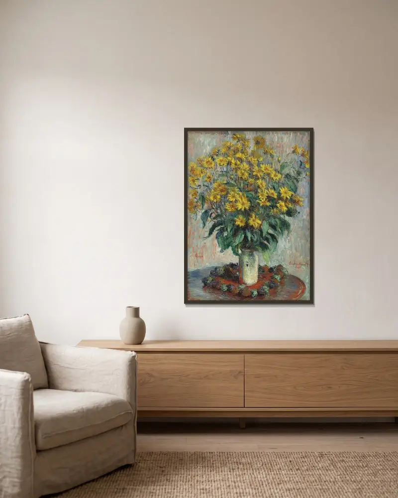 Jerusalem Artichoke Flowers av Claude Monet inramad på en vägg