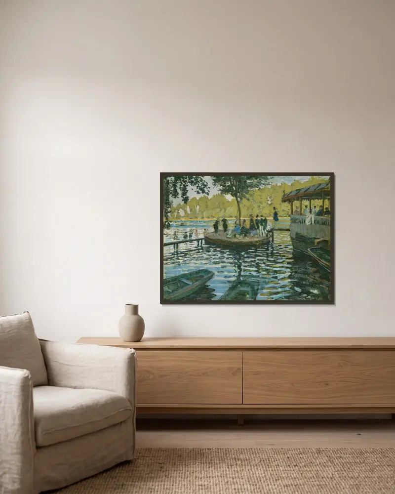 La Grenouillere av Claude Monet inramad på en vägg