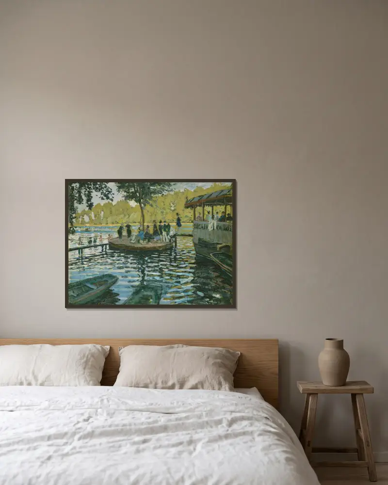 La Grenouillere av Claude Monet inramad på en vägg