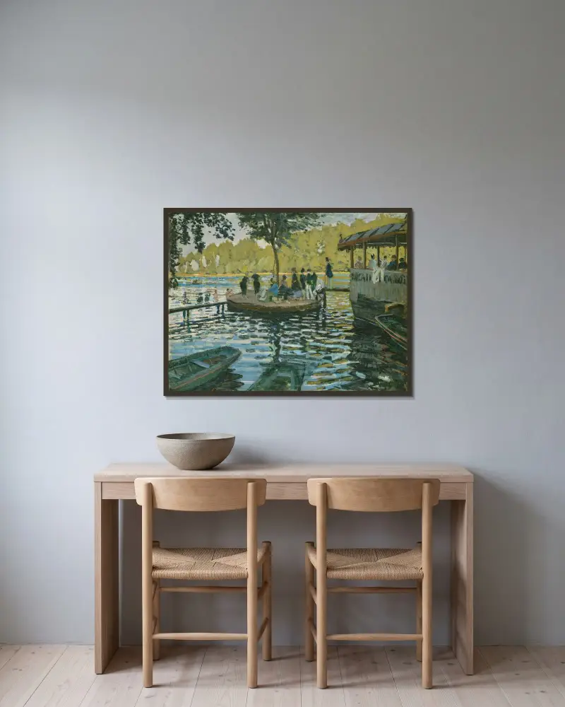 La Grenouillere av Claude Monet inramad på en vägg