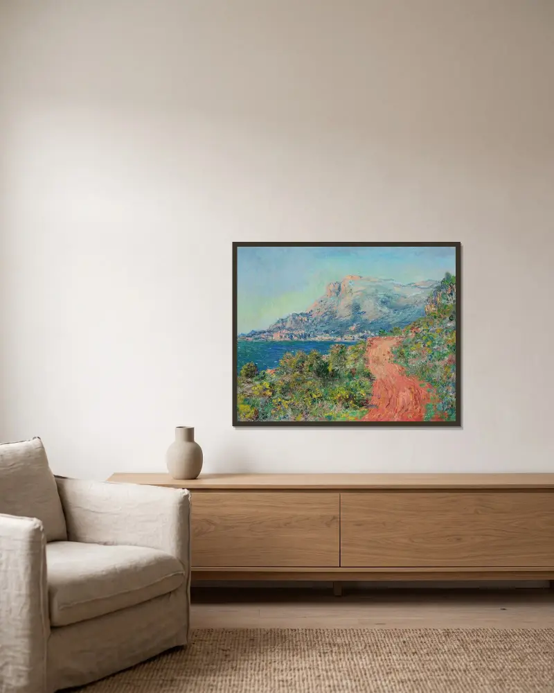 Den röda vägen nära Menton av Claude Monet inramad på en vägg