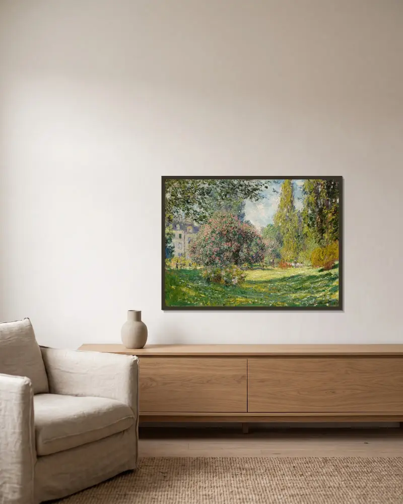 Landschaft; Der Parc Monceau von Claude Monet gerahmt an einer Wand