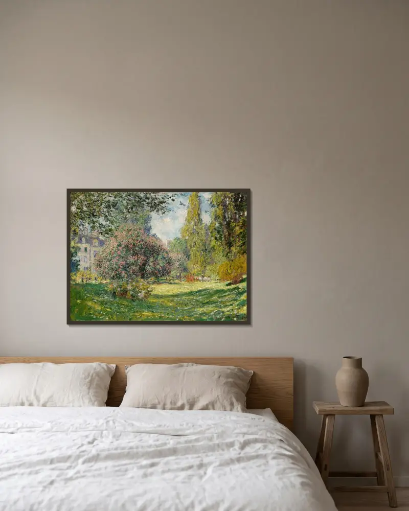 Landschaft; Der Parc Monceau von Claude Monet gerahmt an einer Wand