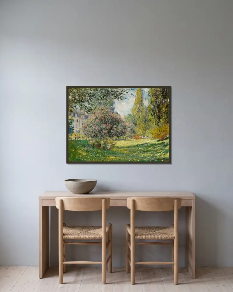 Landschaft; Der Parc Monceau von Claude Monet gerahmt an einer Wand