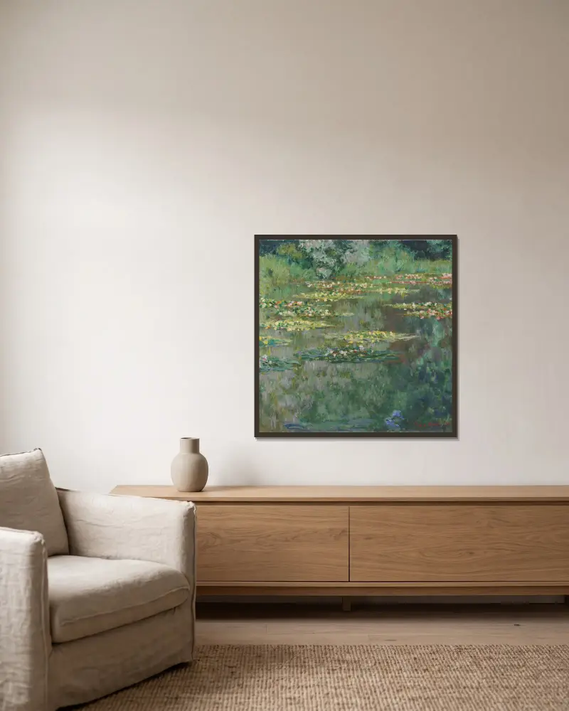 Der Seerosenteich von Claude Monet gerahmt an einer Wand