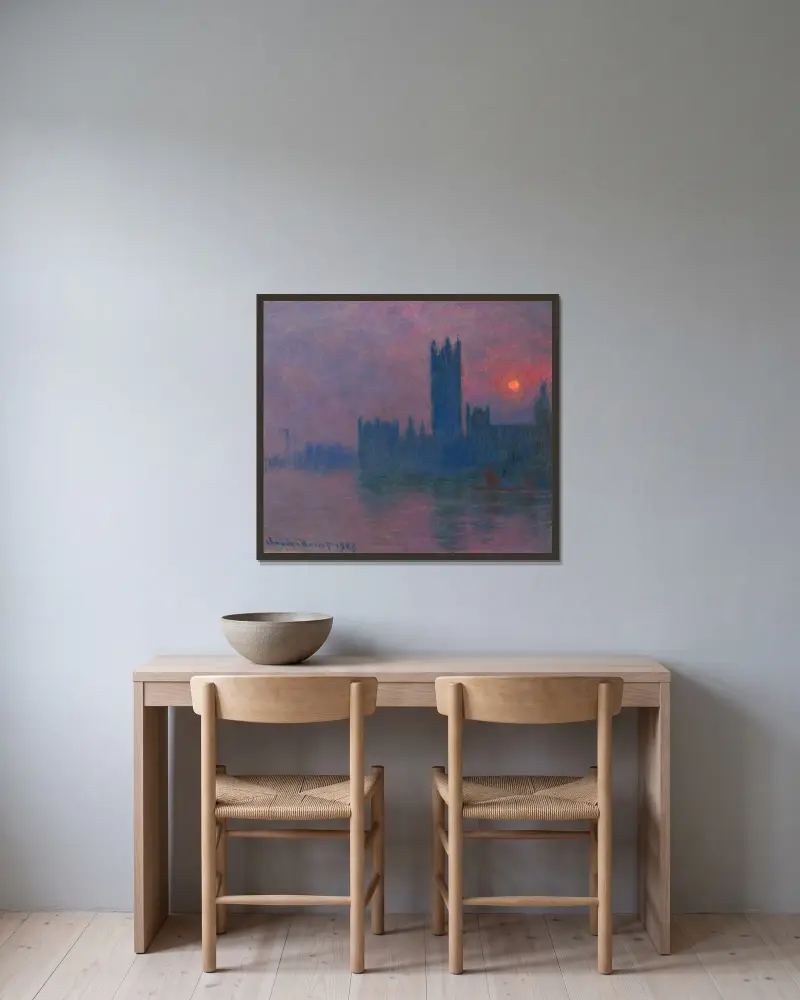 Le Parlement, soleil couchant av Claude Monet inramad på en vägg