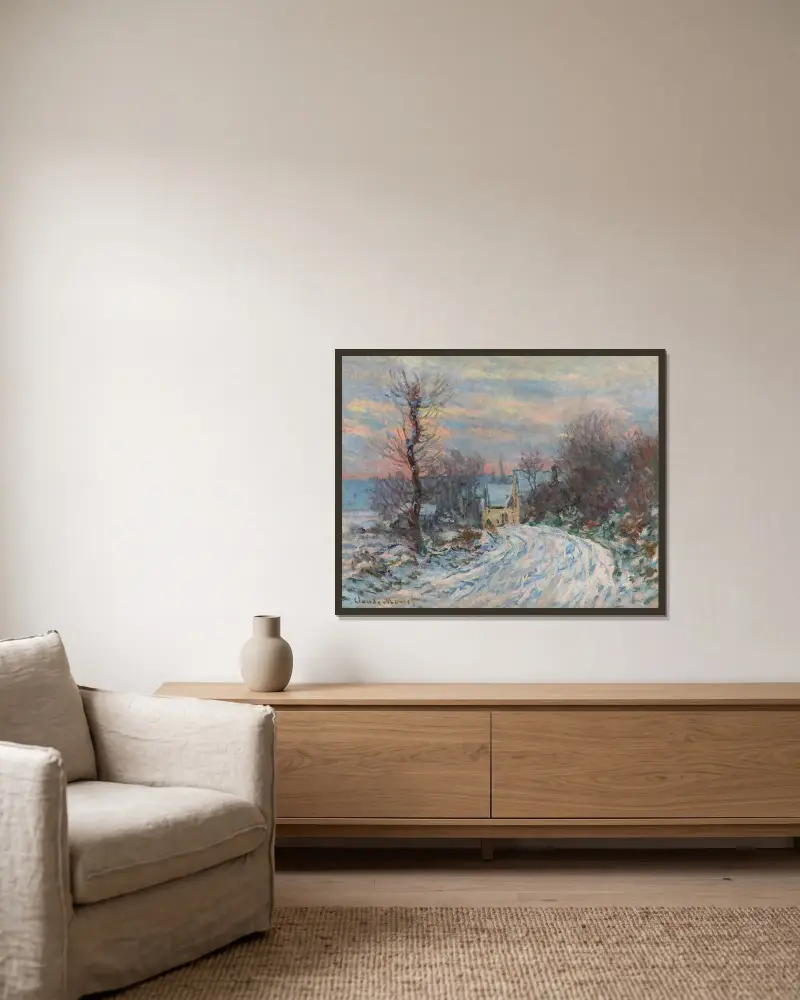 L’entrée De Giverny En Hiver av Claude Monet inramad på en vägg