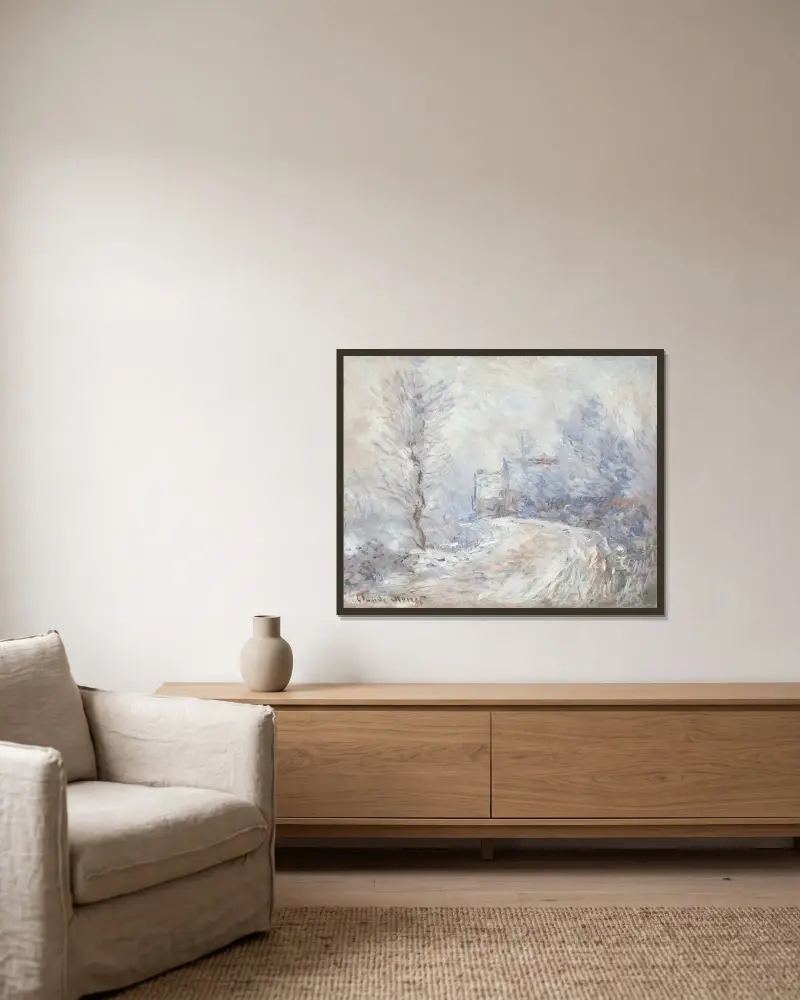 Infarten till Giverny i snö av Claude Monet inramad på en vägg