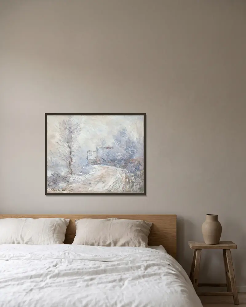 Infarten till Giverny i snö av Claude Monet inramad på en vägg