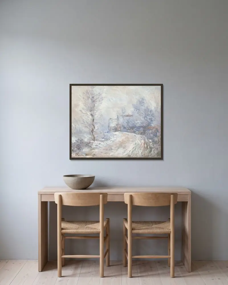 Infarten till Giverny i snö av Claude Monet inramad på en vägg
