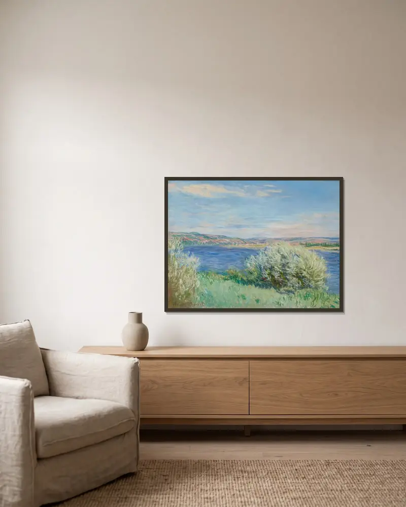Seines stränder nära Vétheuil av Claude Monet inramad på en vägg